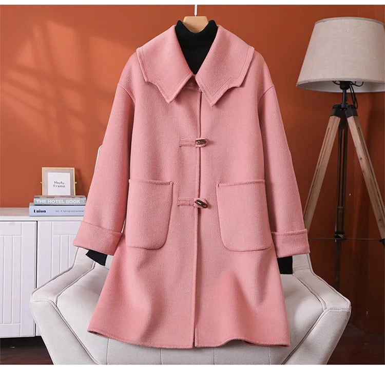 2025 Fashion Large Lapel Horn Button Women's Coat Autumn and Winter New Double-Sided Woolen 100%Pure Wool Warm Coat Large Pocket