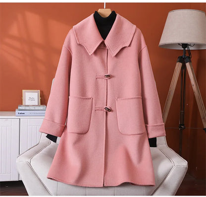 2025 Fashion Large Lapel Horn Button Women's Coat Autumn and Winter New Double-Sided Woolen 100%Pure Wool Warm Coat Large Pocket