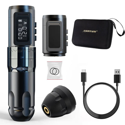 Máquina de tatuaje inalámbrica profesional Ambition MARS-U con pluma y trazo ajustable, cartucho de 2-4 mm, motor sin núcleo de 1800 mAh, para artistas del tatuaje