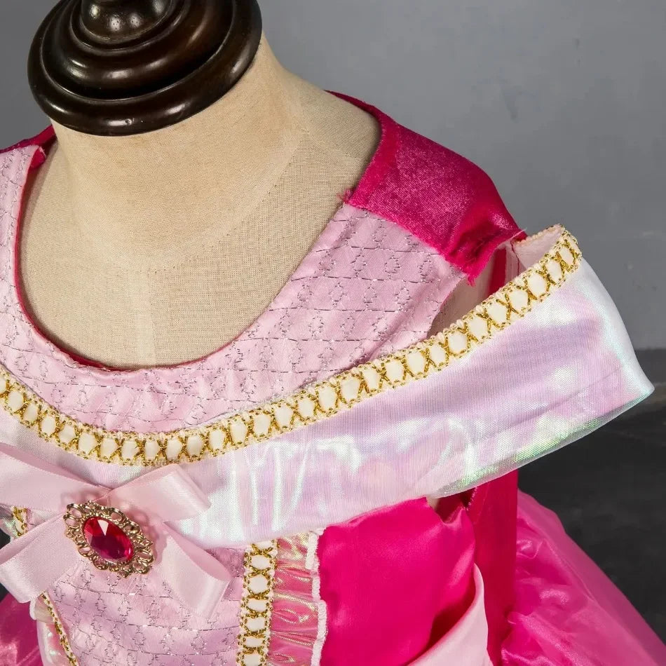 Girl Pink Dress Aurora Cosplay Costume Princess Deluxe Outfit Children Summer Brthday Party Elegant Gown Fairy Disguise Sets