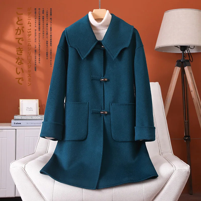 2025 Fashion Large Lapel Horn Button Women's Coat Autumn and Winter New Double-Sided Woolen 100%Pure Wool Warm Coat Large Pocket