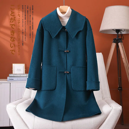 2025 Fashion Large Lapel Horn Button Women's Coat Autumn and Winter New Double-Sided Woolen 100%Pure Wool Warm Coat Large Pocket