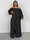 2-piece Wide Leg Faux Denim Suits for Women Plus Size Spring Outfits Off Shoulder Top and Pants Sets Wholesale Dropshipping