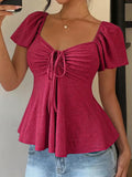 2026 Women Y2k Summer Tops V-Neck Drawstring Sexy Lace Up Short Sleeve Solid Color Shirts Female Elegant Casual Fashion Blouses