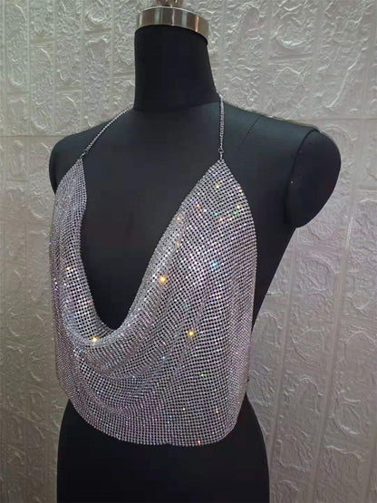 Camisola ClubWear para mujer, ropa de calle Y2k, top corto con lentejuelas metálicas, espalda descubierta, cinturón acolchado, top halter ajustable
