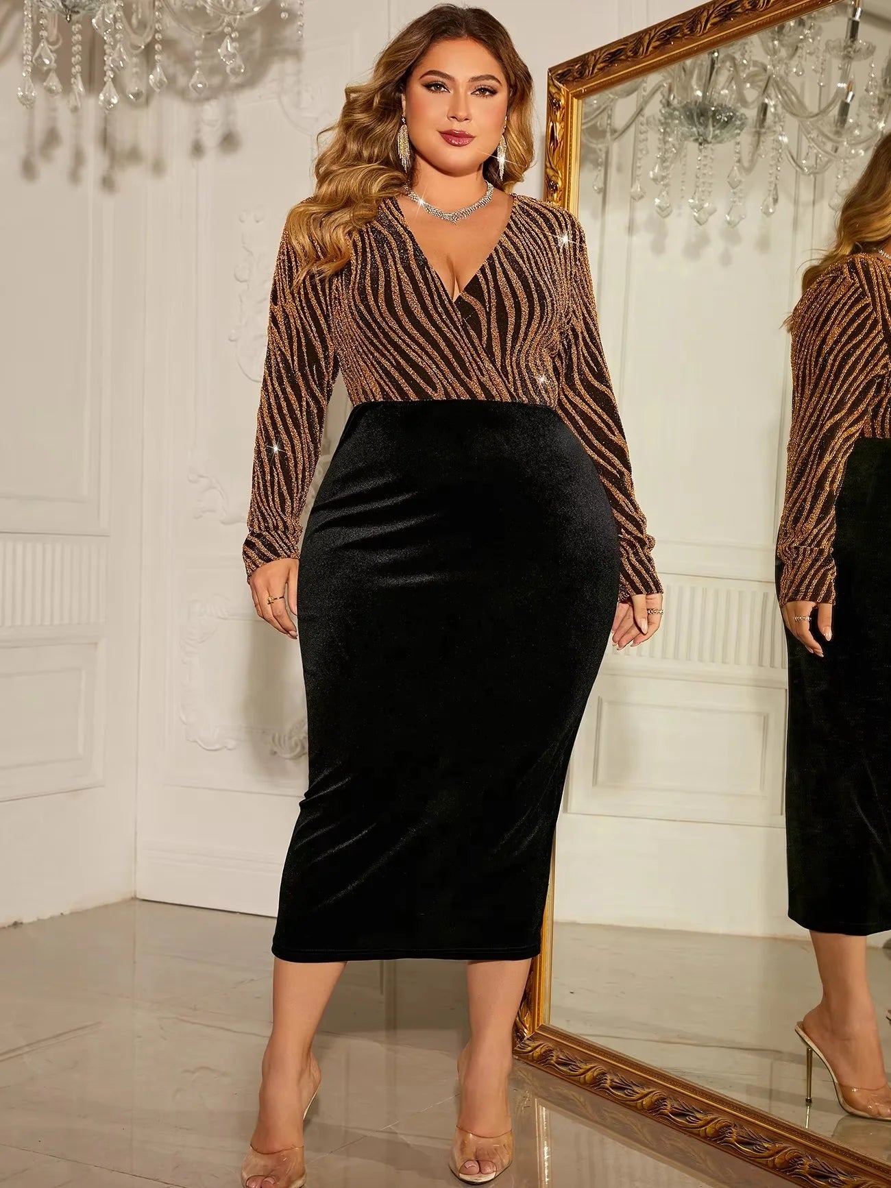 4xl sexy com decote em v bodycon lantejoulas oversize festa vestido de noite manga longa midi vestido de noite veludo plus size vestidos femininos