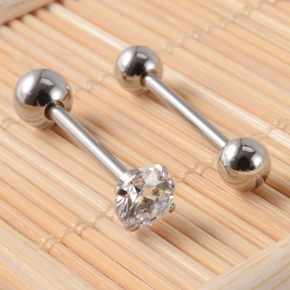 2 piercings de lengua de acero quirúrgico antialérgicos con circonitas y bola, joyería de moda.