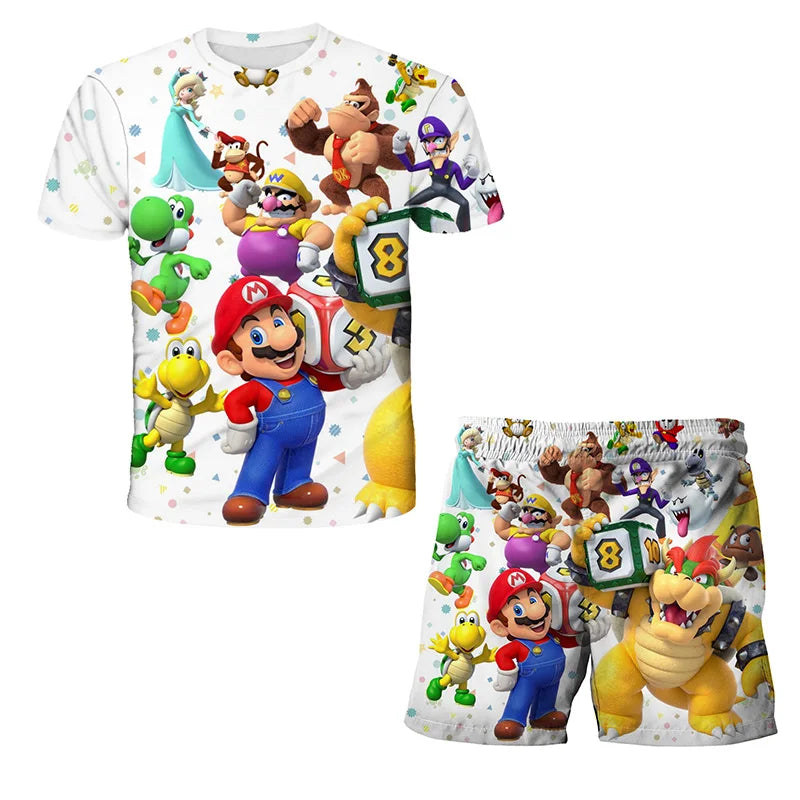 Summer anime Super Mario fashion cute boy 3D top T-shirt+shorts two-piece set Mario girl and boy top short sleeved shorts