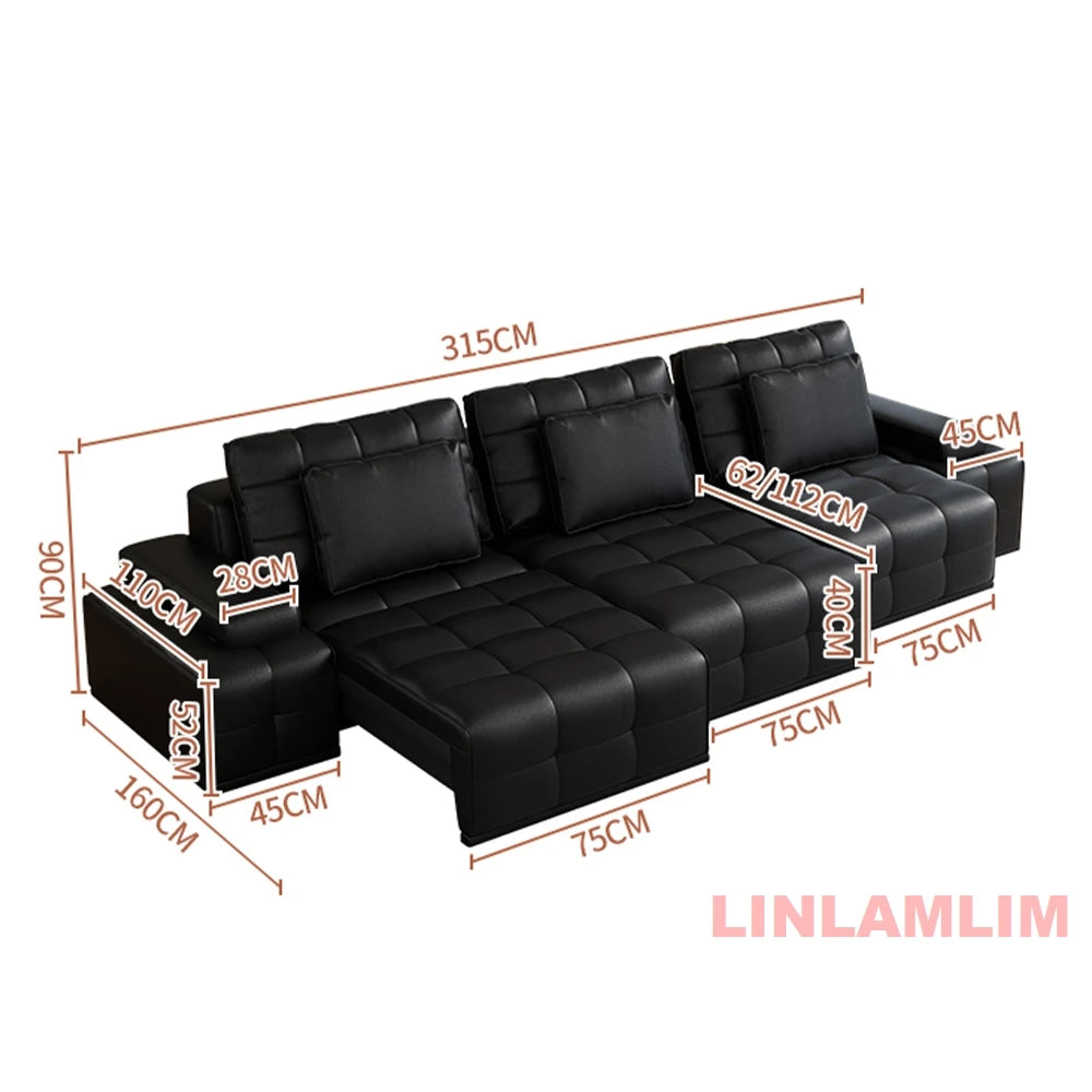 MINGDIBAO Modern Genuine Leather Sectional Sofa Bed – Convertible Couch with Tufted Backrest and Armrest,Functional Sleeper Sofa