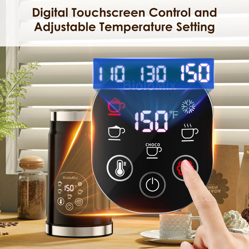 BioloMix Upgraded 5-in-1 LED Touch Screen Milk Frother for Lattes, Hot And Cold Foam Maker
