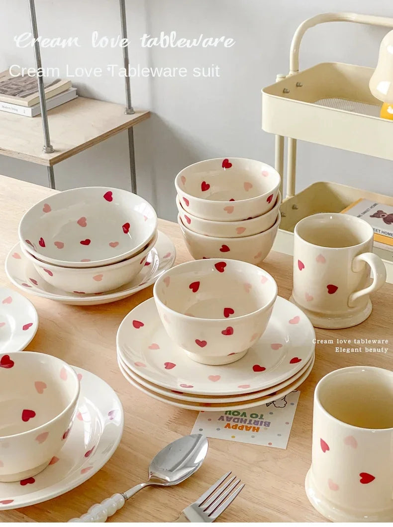 Heart-shaped Ceramic Dinnerware Set, Dinner Plate, Rice Salad Bowl, Coffee Mug, Japanese Love, Warm Gift for Valentine day