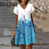 2025 Summer 3D Print Dress New Women V-Neck Short Sleeve Loose Dress Streetwear Casual Oversized Dress Woman Clothing Plus Size