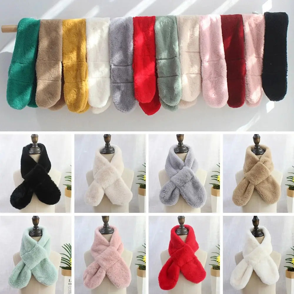 Children Boys Girls Winter Warm Thicken Cross Collar Scarf Solid Color Faux Rabbit Fur Plush Cute Shawl Scarfs