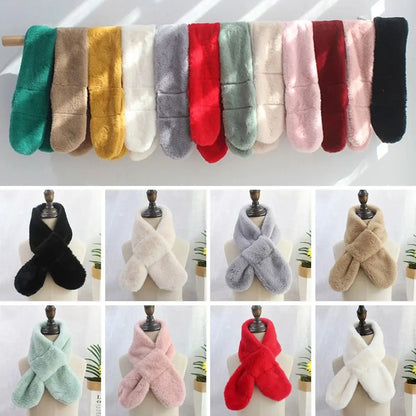 Children Boys Girls Winter Warm Thicken Cross Collar Scarf  Solid Color Faux Rabbit Fur Plush Cute Shawl Scarfs