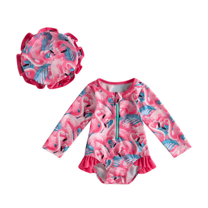 VISgogo Toddler Girl Rash Guard Swimsuit Set Summer Long Sleeve Strawberry Print Bathing Suit + Sun Hat Infant Newborn Swimwear