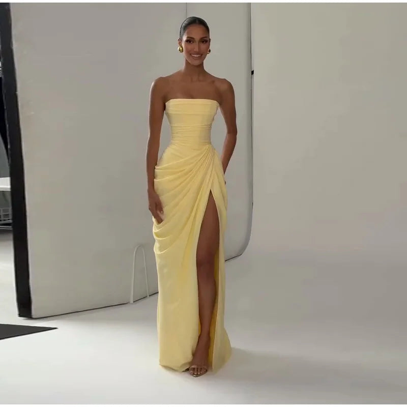 Sexy Solid Pleated Strapless Dress Lady Chic Off-shoulder Backless High Waist Split Dresses Women 2026 New Evening Party Gown