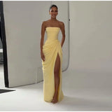 Sexy Solid Pleated Strapless Dress Lady Chic Off-shoulder Backless High Waist Split Dresses Women 2026 New Evening Party Gown