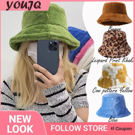 Winter Rabbit Plush Fisherman Hats for Women Girl Bucket Hat Windproof Leopard Soft Faux Fur Wide Brim Lady Women Artist Cap