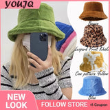 Winter Rabbit Plush Fisherman Hats for Women Girl Bucket Hat Windproof Leopard Soft Faux Fur Wide Brim Lady Women Artist Cap