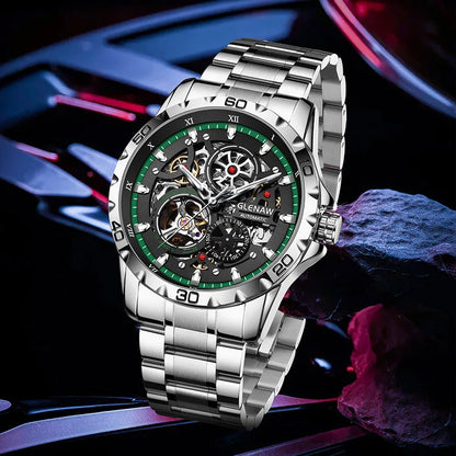 GLENAW Steampunk Skeleton - Reloj para hombre, anillo, relojes mecánicos automáticos de lujo, luminosos, resistentes al agua, correa de acero inoxidable