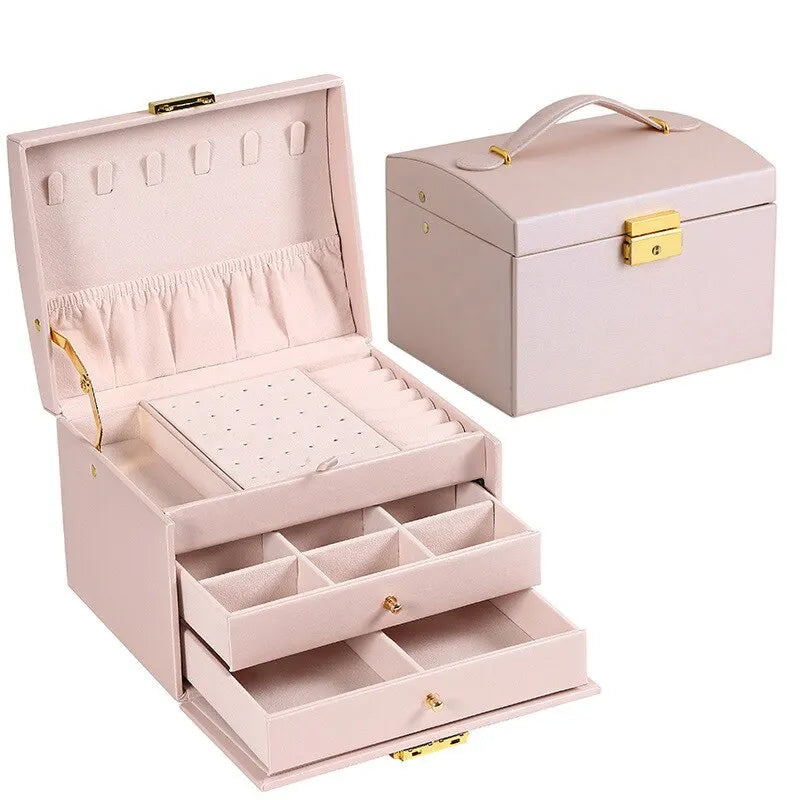 1 Uds. Caja de joyería multifuncional de tres capas de cuero estilo cajón, pendientes, cerradura, caja de joyería