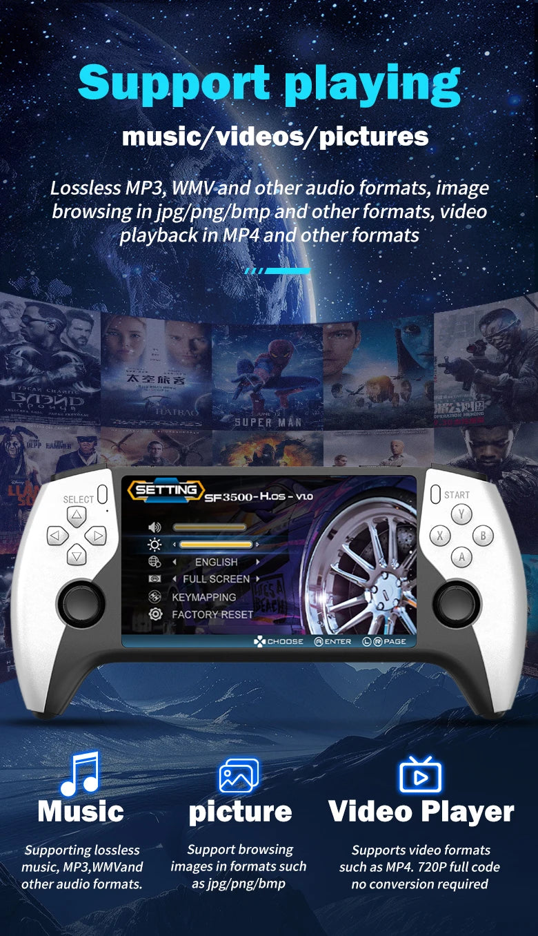 SF3500 Retro Handheld Video Game Console Linux System 5.0 Inch 854*480 IPS Screen 3000mAh Portable Pocket Video Player Games