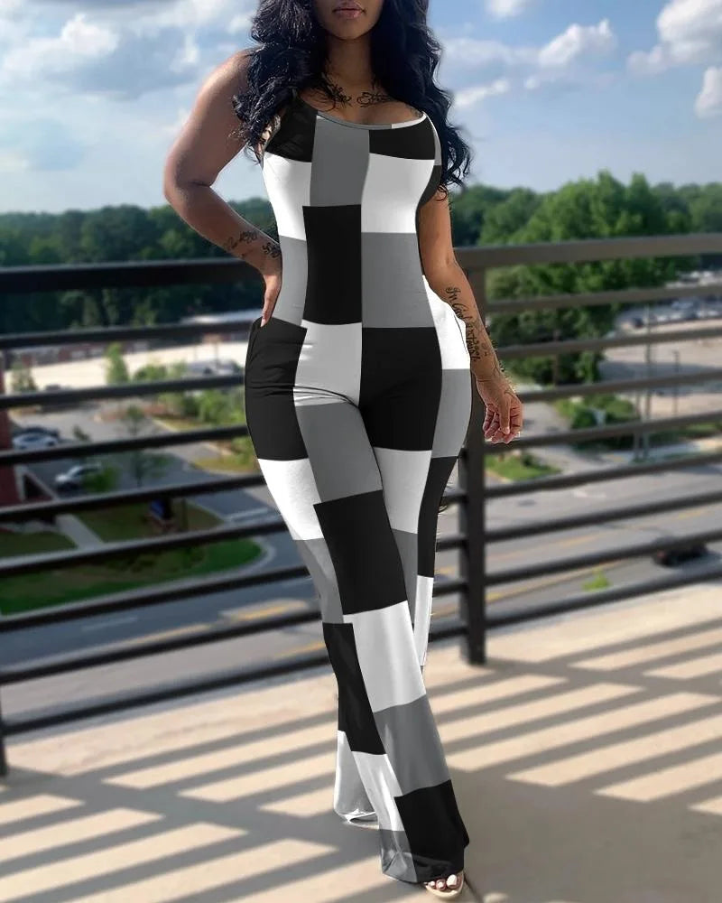 Women's Jumpsuit Summer Fashion Printed Solid Color V-Neck Casual Sleeveless Long Skinny Suspender Jumpsuit