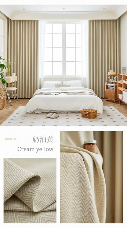 Herringbone Chenille Beige Thickened Blackout Curtains for Living Room Dining Room Bedroom Solid Color Luxury Curtains Custom
