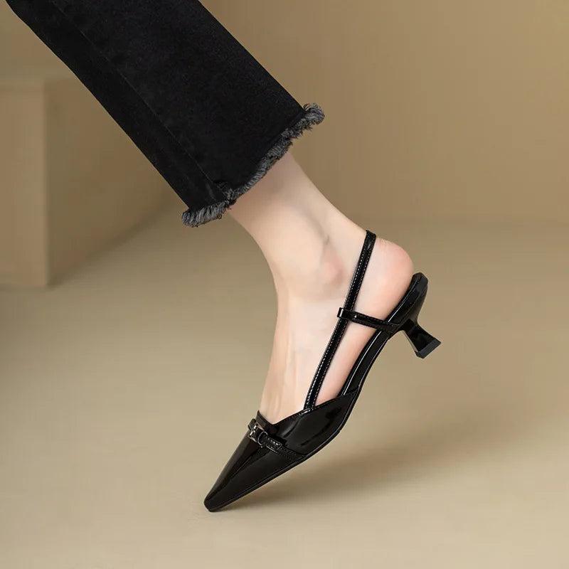 2024 New Summer French Wine Red Pointed Patent Leather Mid-Heel Overhead Sandals for Women Retro Skinny Heel Open-Back Shoes