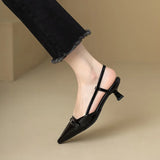 2024 New Summer French Wine Red Pointed Patent Leather Mid-Heel Overhead Sandals for Women Retro Skinny Heel Open-Back Shoes