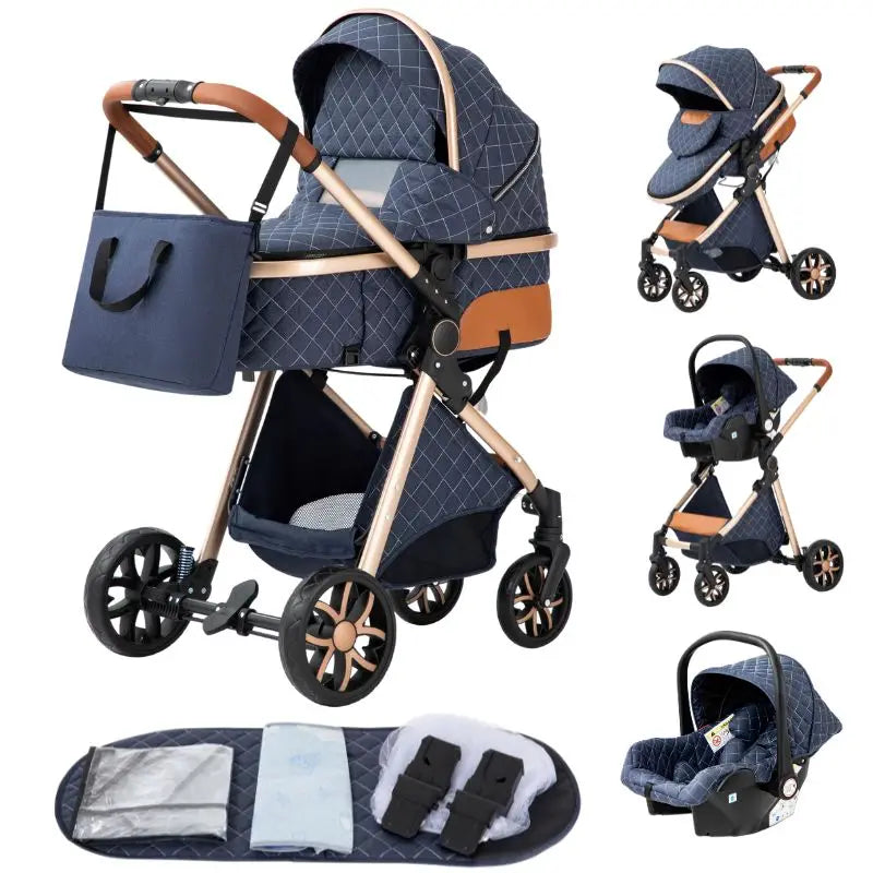 Luxurious Baby Stroller 3 in 1 Portable Travel Baby Carriage Folding Prams High Landscape Aluminum Frame Car for Newborn Baby