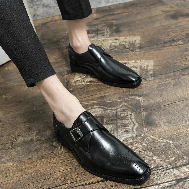 Large Size 48 Men's Leather Shoes with Buckle, Block Carving, Slip-On, Square Toe, Board Shoes, Trendy Adult Footwear