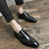 Large Size 48 Men's Leather Shoes with Buckle, Block Carving, Slip-On, Square Toe, Board Shoes, Trendy Adult Footwear