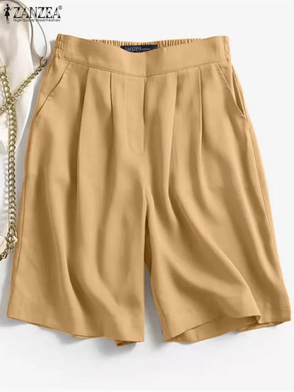 ZANZEA pantalones cortos de cintura elástica para mujer, pantalones coreanos de pierna ancha lisos, pantalones sueltos informales de verano 2024, pantalones cortos plisados ​​con bolsillos para vacaciones