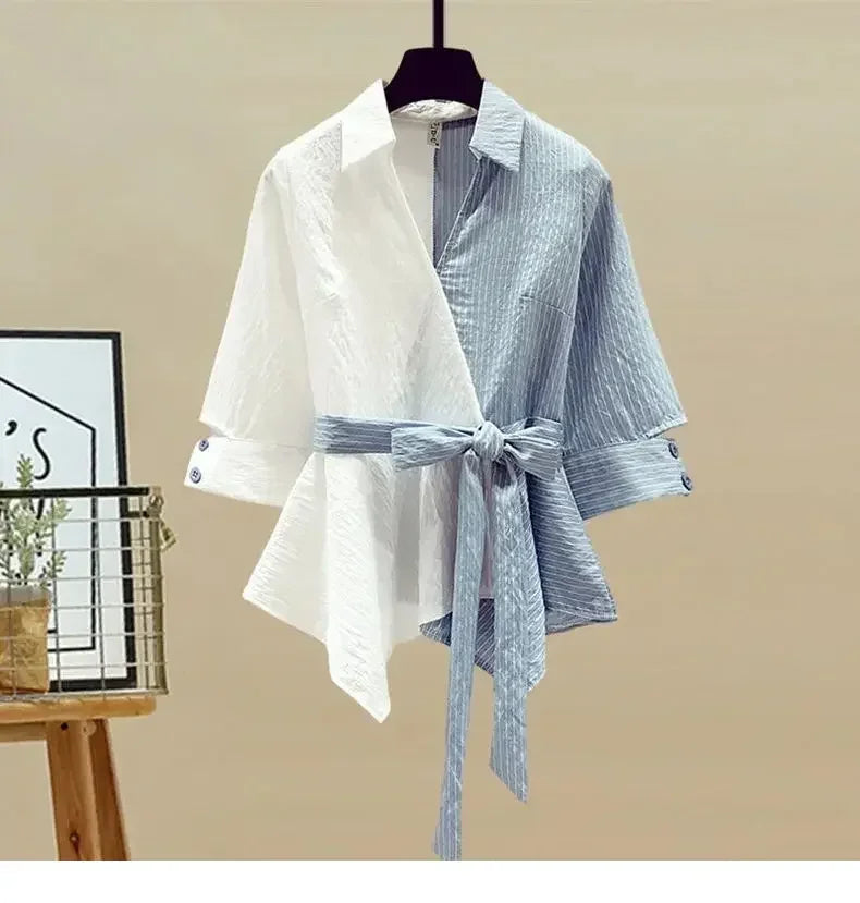 2026 Spring Summer New Korean Elegant Splicing Short Sleeved Shirt+Jeans Two Piece Suit Women Chic Top Denim Pants Matching Set