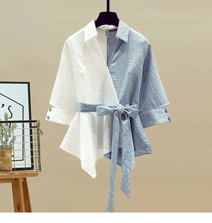 2026 Spring Summer New Korean Elegant Splicing Short Sleeved Shirt+Jeans Two Piece Suit Women Chic Top Denim Pants Matching Set