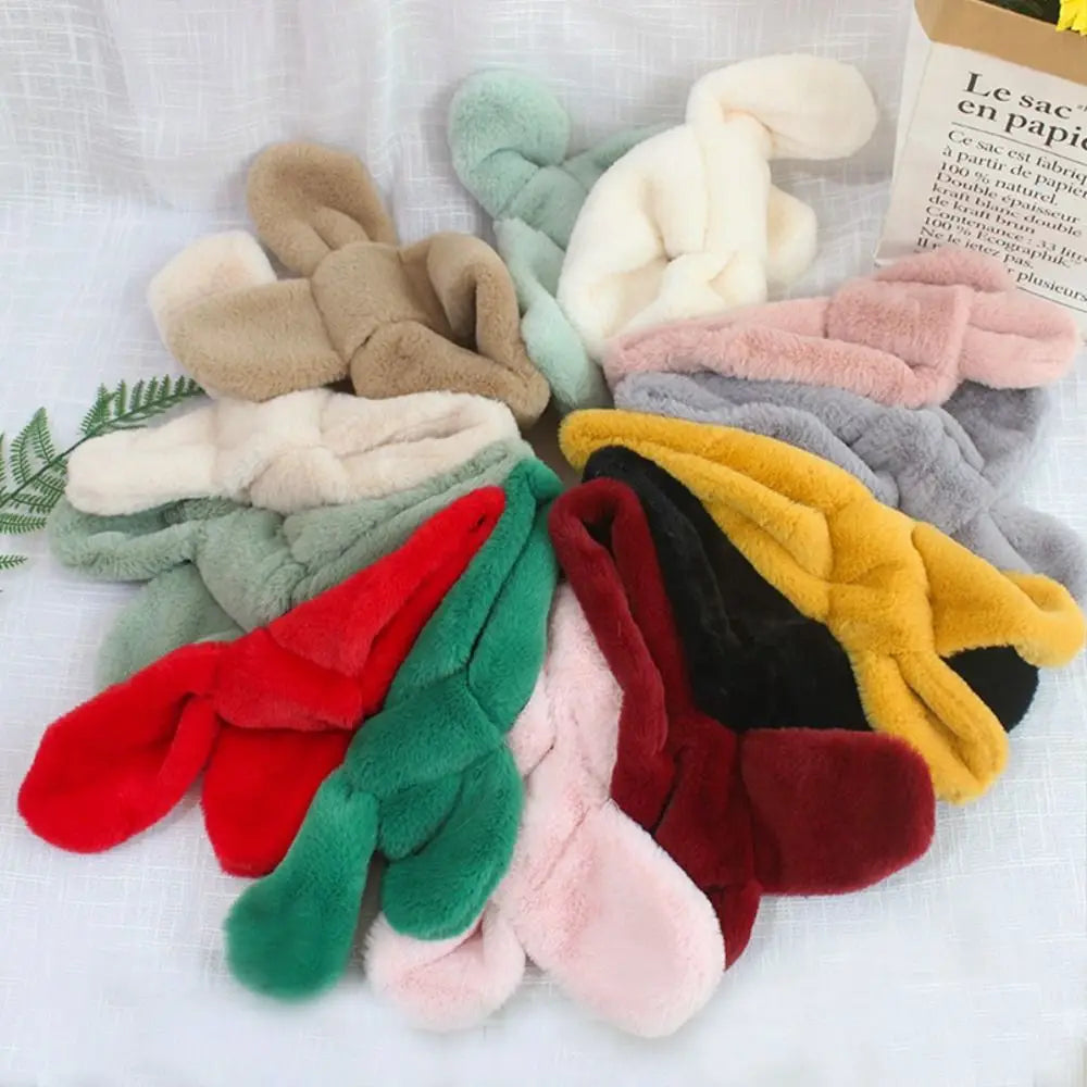 Children Boys Girls Winter Warm Thicken Cross Collar Scarf Solid Color Faux Rabbit Fur Plush Cute Shawl Scarfs