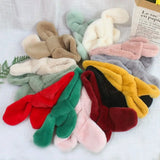 Children Boys Girls Winter Warm Thicken Cross Collar Scarf Solid Color Faux Rabbit Fur Plush Cute Shawl Scarfs