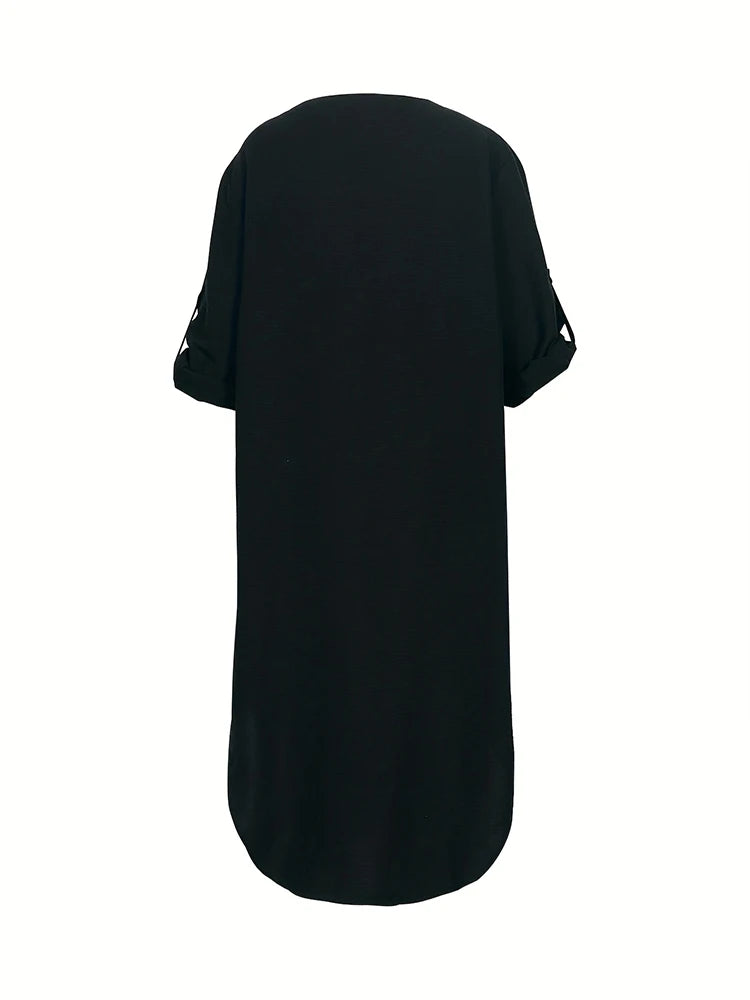 Vestido de talla grande para mujer, primavera y verano 2024, con botones de una sola fila, color liso, informal, suelto, largo, de poliéster.