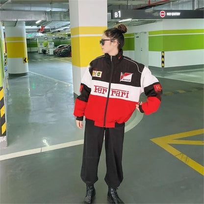 European American 2024 Spring Autumn New Cross Border Amazon F1 Rally Color Blocked Embroidered Long Sleeved Motorcycle Jacket