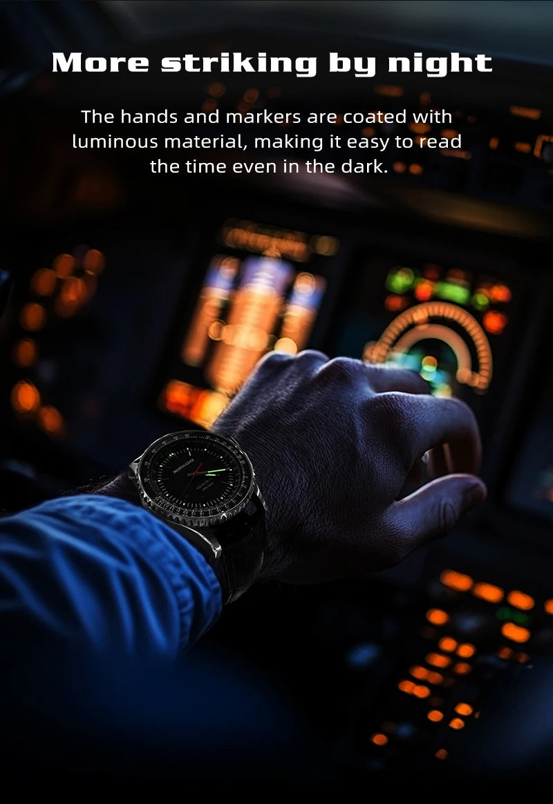 Reloj NORTH EDGE EVOQUE 3 Pilot Series para hombre, de aviación, militar, con energía solar, correa de cuero, caja luminosa de acero inoxidable.