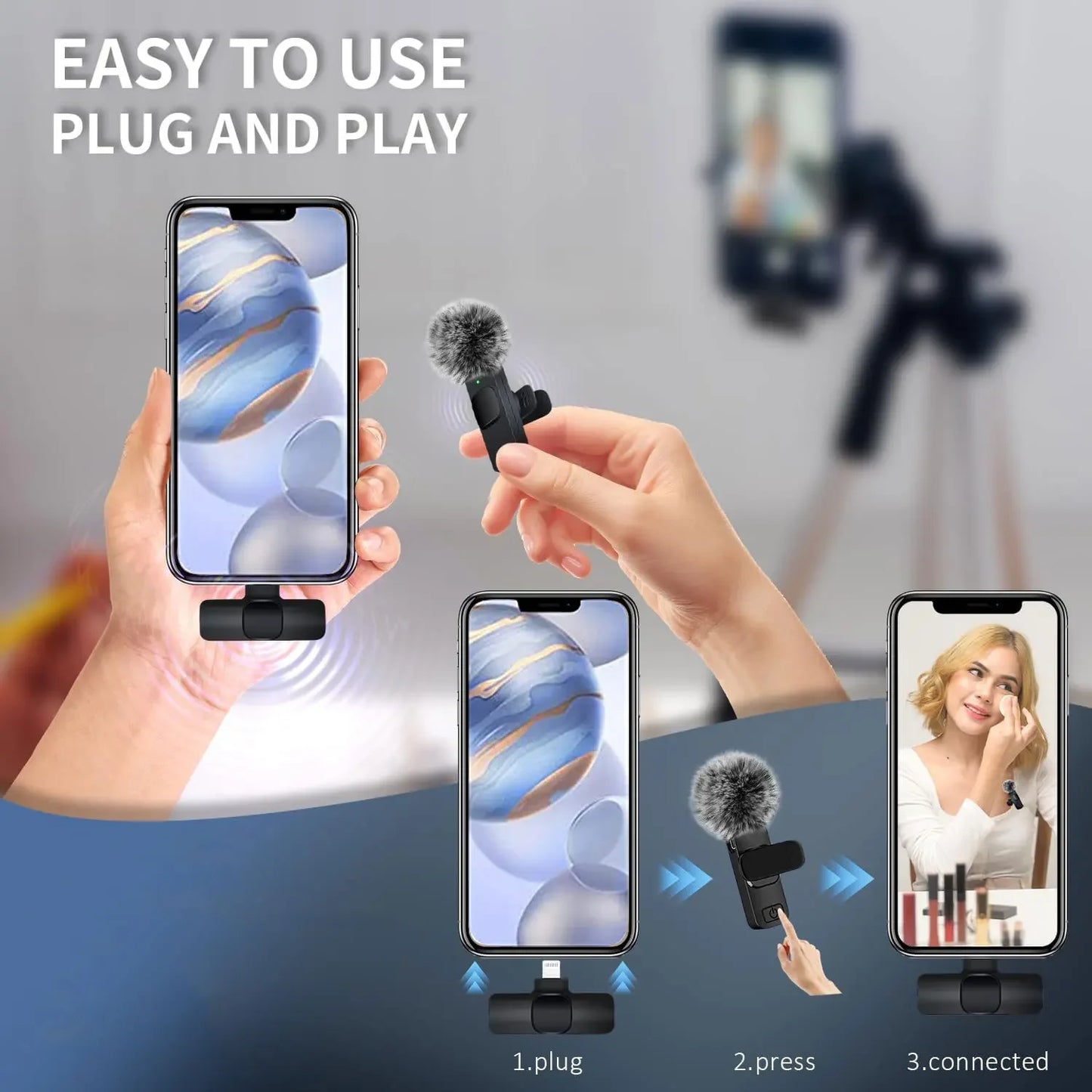 Micrófono de solapa inalámbrico portátil para grabación de audio y video, mini micrófono con reducción de ruido para transmisión en vivo, para iPhone y Android.