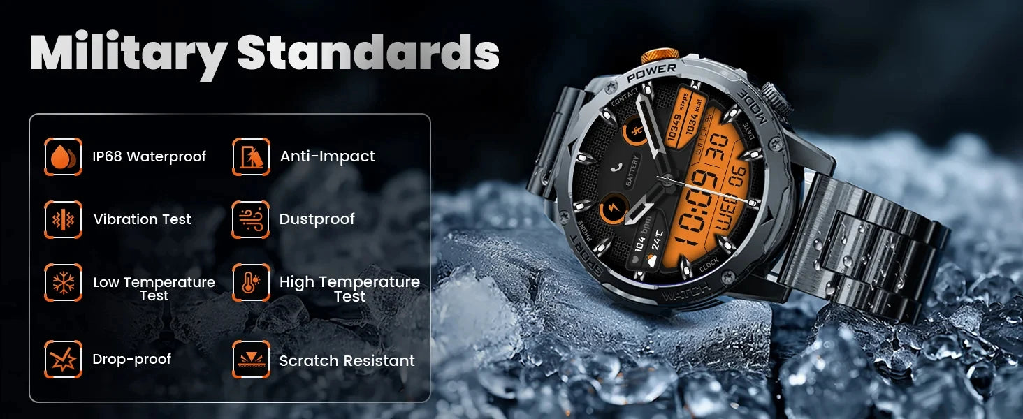Novo Smartwatch Militar para Atividades ao Ar Livre (Modelo 2026) – Bateria de 1000 mAh de Longa Duração, Monitoramento de Fitness, À Prova d'Água, Estilo Tático e Esportivo