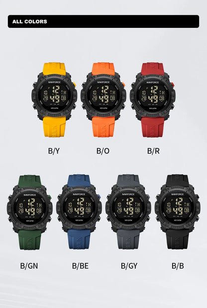 NAVIFORCE - Reloj de pulsera digital LCD para hombre, deportivo, resistente al agua hasta 50 m, con correa de silicona, informal, electrónico