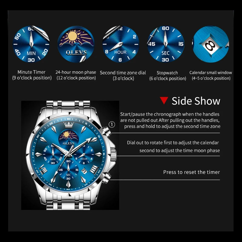 OLEVS 3653 Mens Watch Quartz Watch Multifunctional Chronograph Watch For Men 30M Waterproof Luminous Moon Phase Box Original
