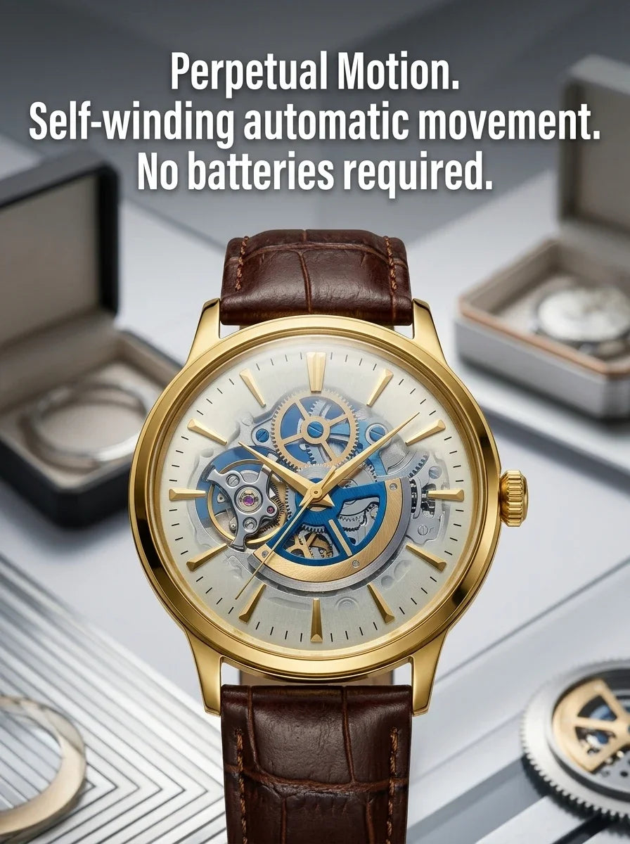 Relógio masculino automático vintage com pulseira de couro caixas dourada