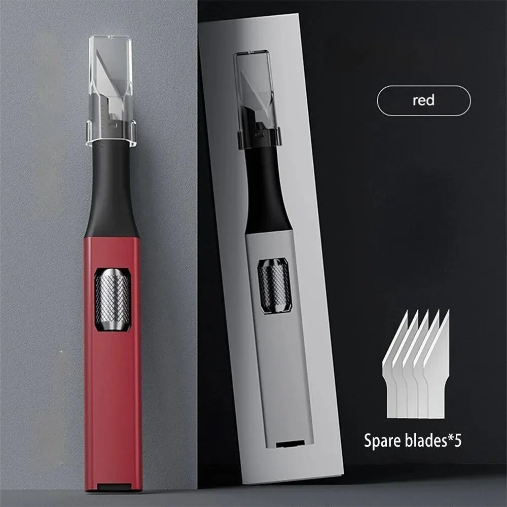 Cuchillo para trinchar con mango de aluminio en forma de bolígrafo, incluye 5 hojas con diseño de herradura que puedes reemplazar tú mismo.