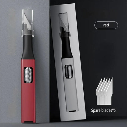 Cuchillo para trinchar con mango de aluminio en forma de bolígrafo, incluye 5 hojas con diseño de herradura que puedes reemplazar tú mismo.