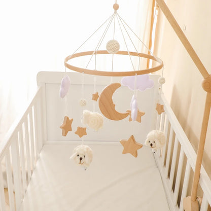 Baby Crib Mobile Rattle Toy Wooden Bed Bell Mobile Hanging Teddy Velvet Bear Doll Toy Newborn Music Box Crib Mobile Bracket Gift