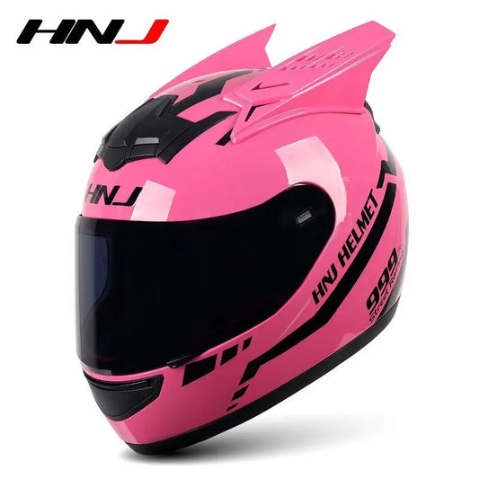 HNJ Men Motorcycle Helmet Women Full Face Helmet Riding Personality Horn Pink Helmet DOT Certification casco moto